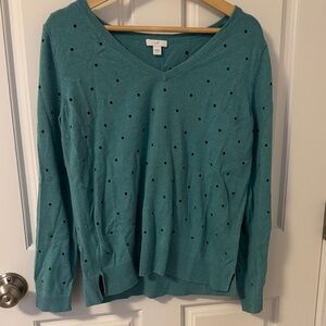 J. Jill Teal V-Neck Sweater with Black Dots